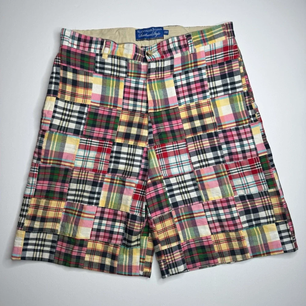 Alexander Julian Southern Style Patchwork Madras Plaid Shorts Preppy Flat Front